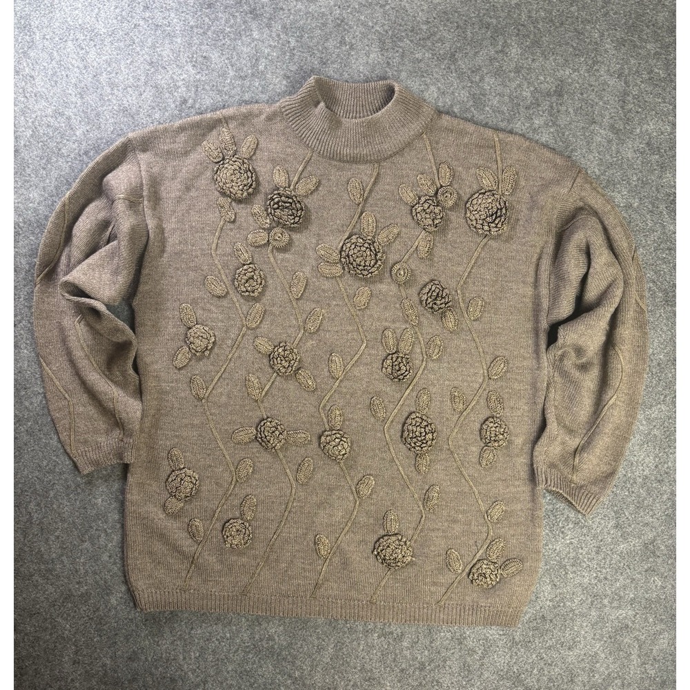 Rafaella Women's Floral Embroidered Mock Neck Sweater Brown Size L Vintage.  A11